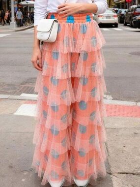 Women's Sequin Tulle Pants Dot Print Elastic High Waist Tiered Loose Wide Leg
